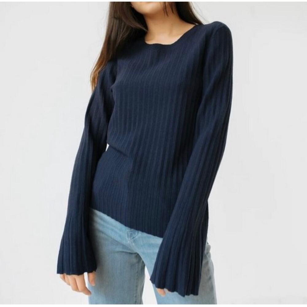 FRAME Denim Bell Sleeve Ribbed Knit Sweater Navy Blue Size XL Boho Whimsigoth